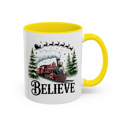 Believe Christmas Train Mug with Santa Sleigh – Holiday Coffee Cup