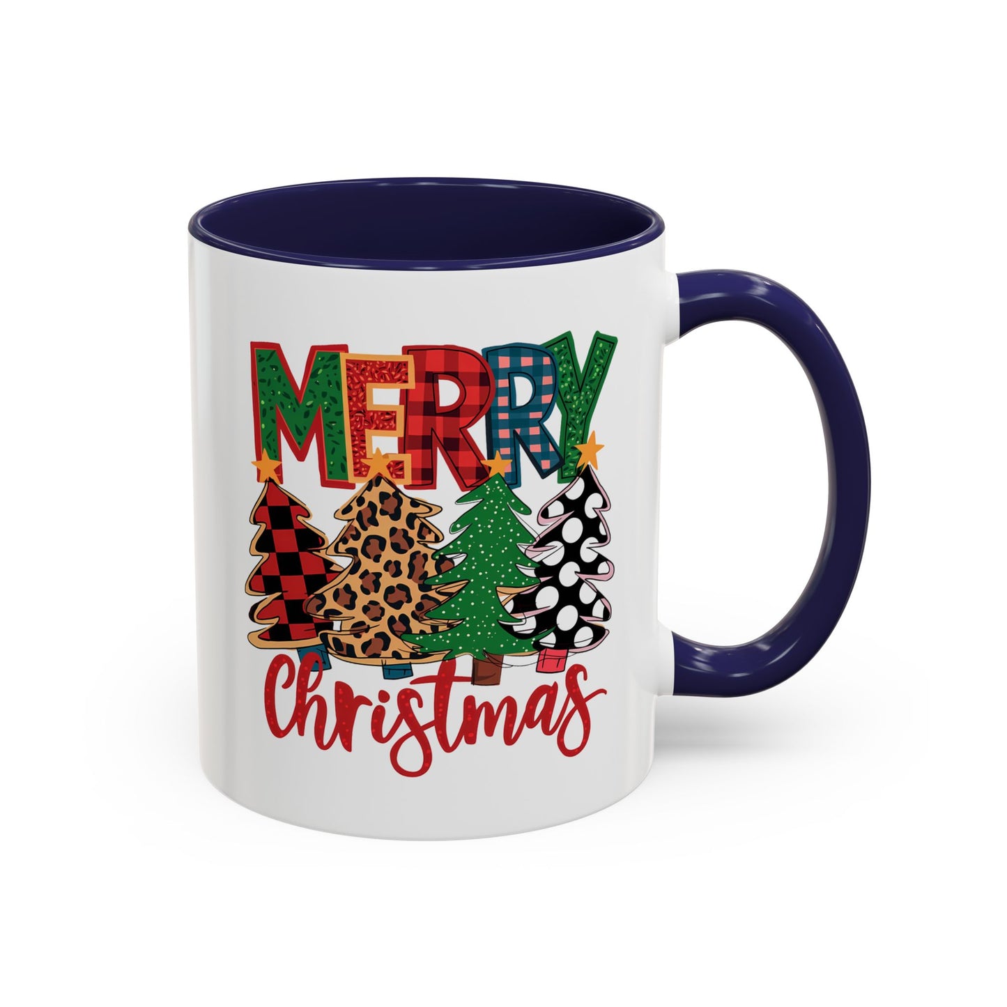 Merry Christmas Accent Coffee Mug — Festive Plaid, Leopard & Pine Tree Holiday Design