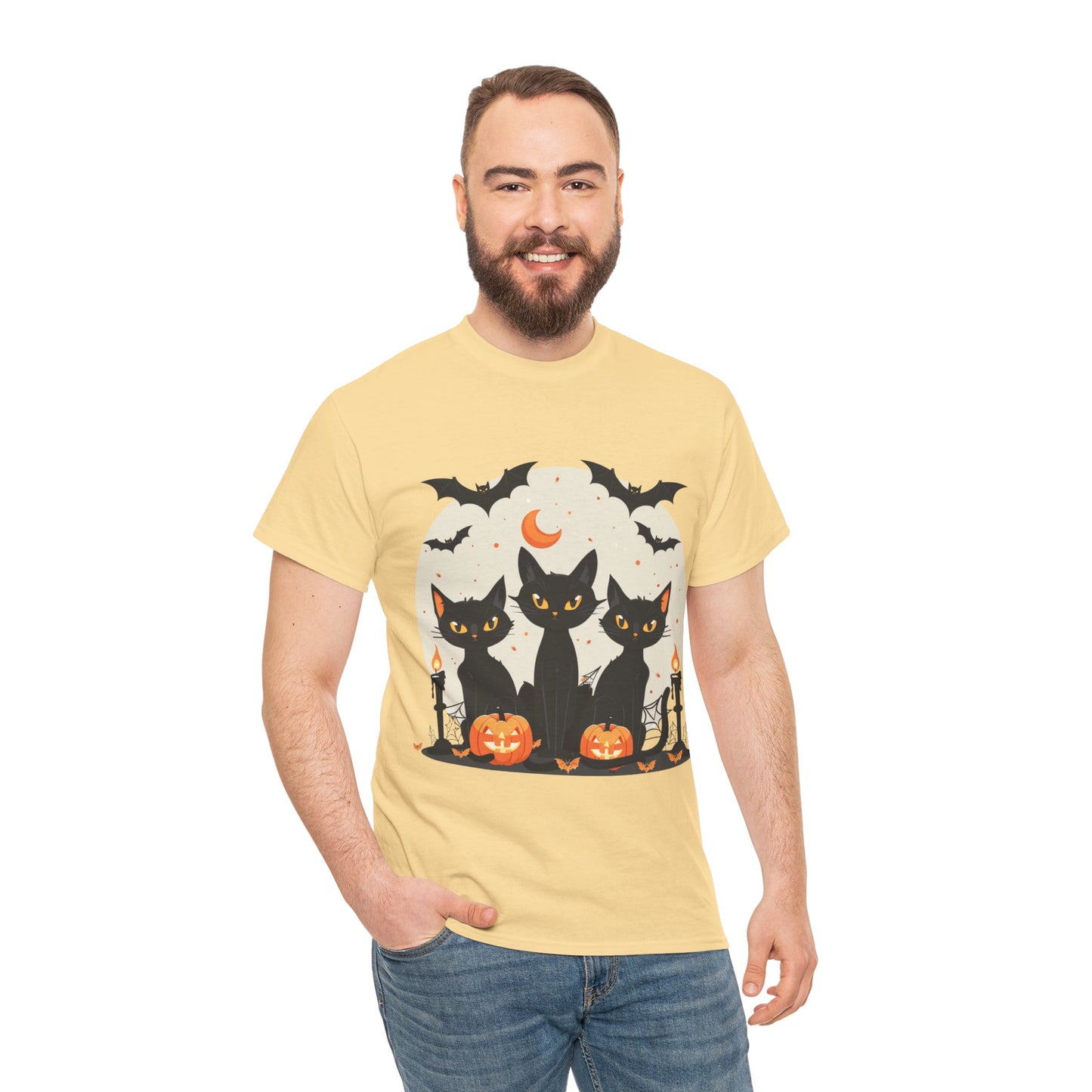 Halloween Black Cat T-Shirt – Cute Spooky Cats with Pumpkins & Bats Print
