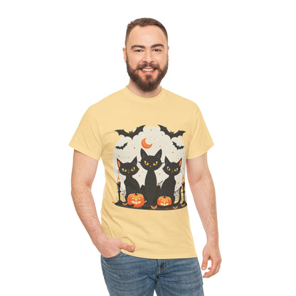 Halloween Black Cat T-Shirt – Cute Spooky Cats with Pumpkins & Bats Print