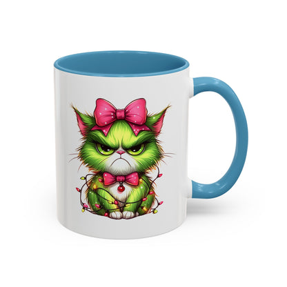 Christmas Grumpy Cat Accent Coffee Mug — Cute Green Kitty with Bow & Holiday Lights (11/15 oz)