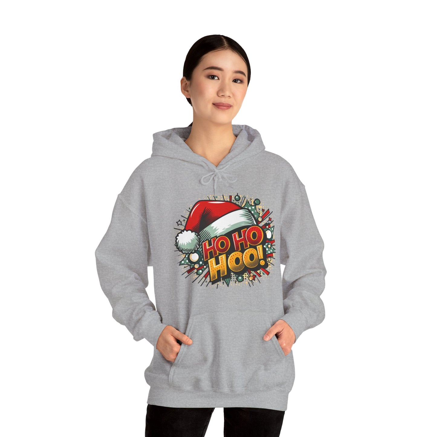 Ho Ho Hoo! Christmas Comic Hoodie — Santa Hat Pop Art Sweatshirt
