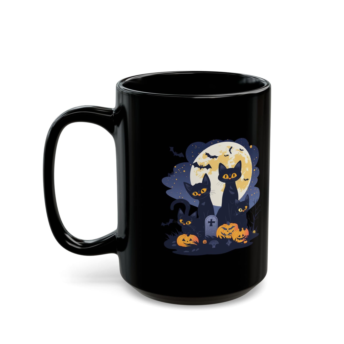 Halloween Black Cat Mug – Spooky Cats with Pumpkins & Full Moon Design