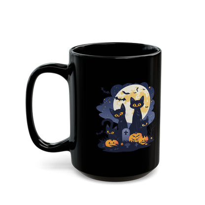 Halloween Black Cat Mug – Spooky Cats with Pumpkins & Full Moon Design