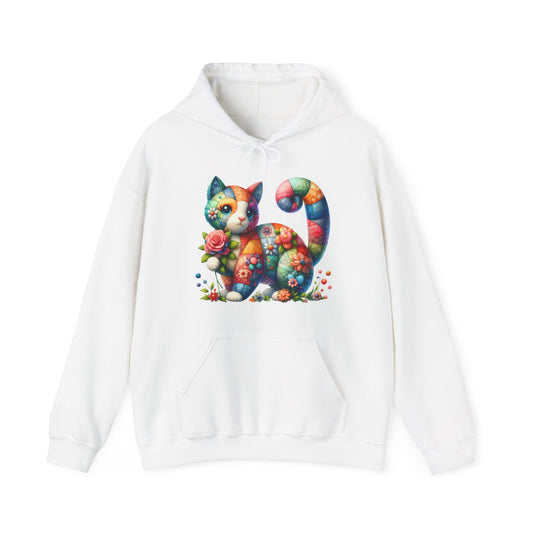 Colorful Floral Cat Hoodie – Vibrant Patchwork Kitty Sweatshirt