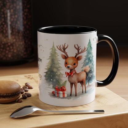 Warm & Cozy Christmas Accent Coffee Mug — Festive Santa, Reindeer & Pine Tree Holiday Drinkware
