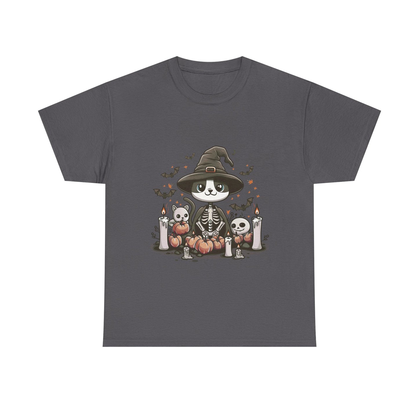 Halloween Witch Cat T-Shirt – Cute Skeleton Cat with Pumpkins & Candles