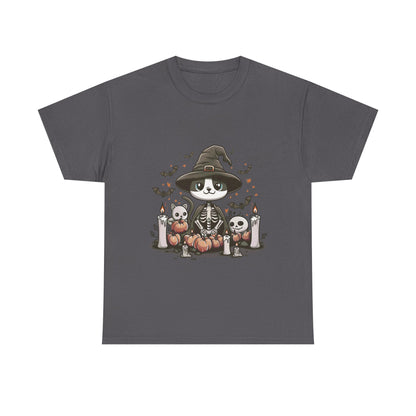 Halloween Witch Cat T-Shirt – Cute Skeleton Cat with Pumpkins & Candles