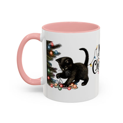 Merry Christmas Black Cat Mug – Cute Holiday Lights Cat Coffee Cup – Perfect Gift for Cat Lovers
