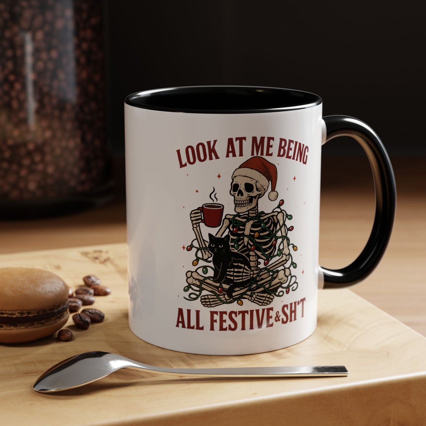 Funny Festive Skeleton Christmas Mug – Holiday Coffee Cup with Cat – Look at Me Being All Festive