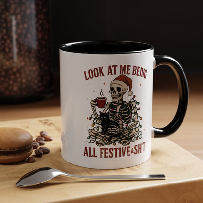 Funny Festive Skeleton Christmas Mug – Holiday Coffee Cup with Cat – Look at Me Being All Festive
