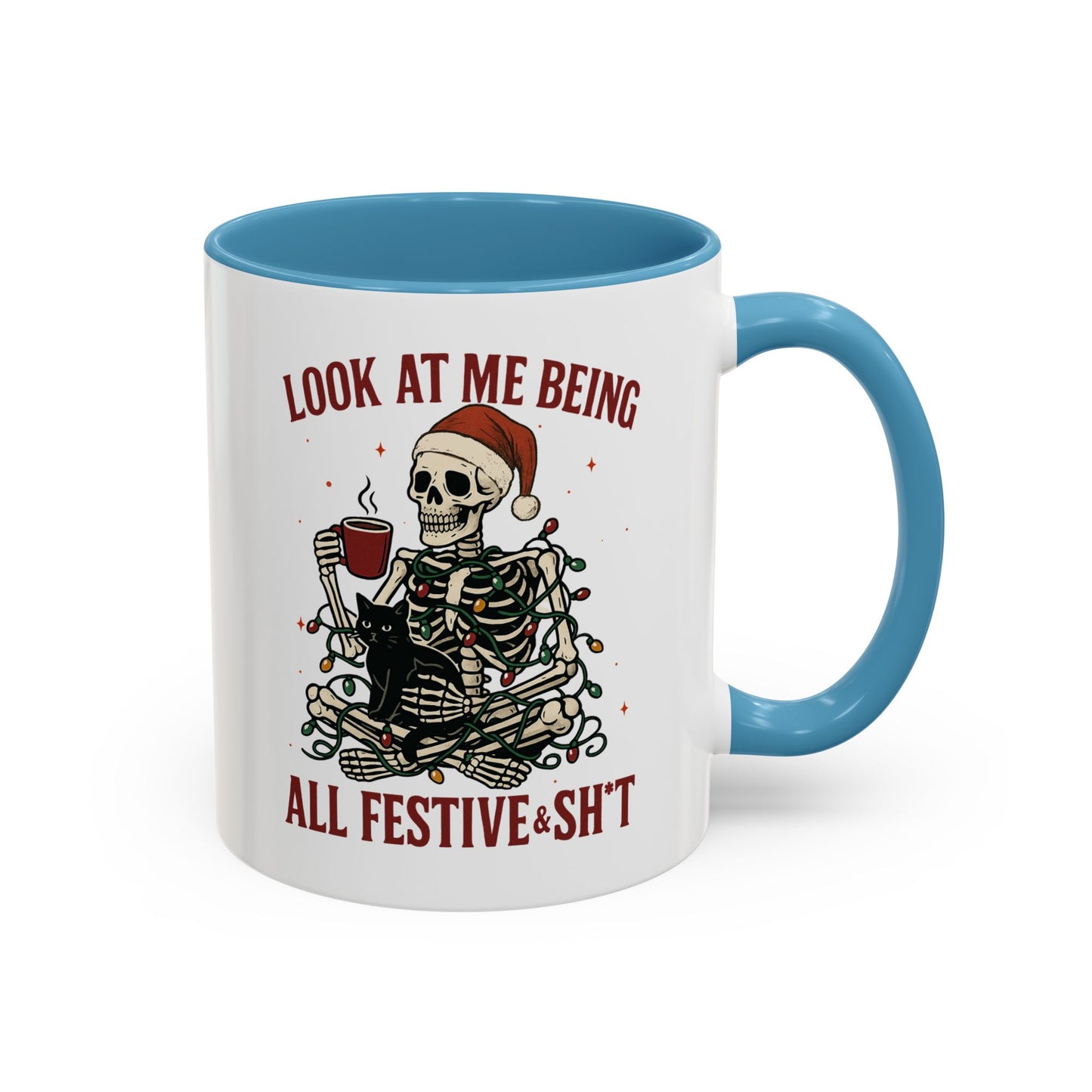 Funny Festive Skeleton Christmas Mug – Holiday Coffee Cup with Cat – Look at Me Being All Festive
