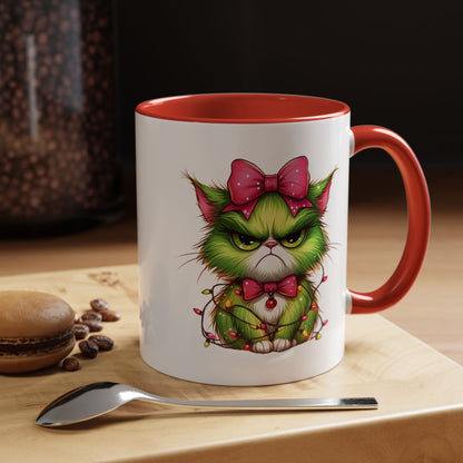 Christmas Grumpy Cat Accent Coffee Mug — Cute Green Kitty with Bow & Holiday Lights (11/15 oz)