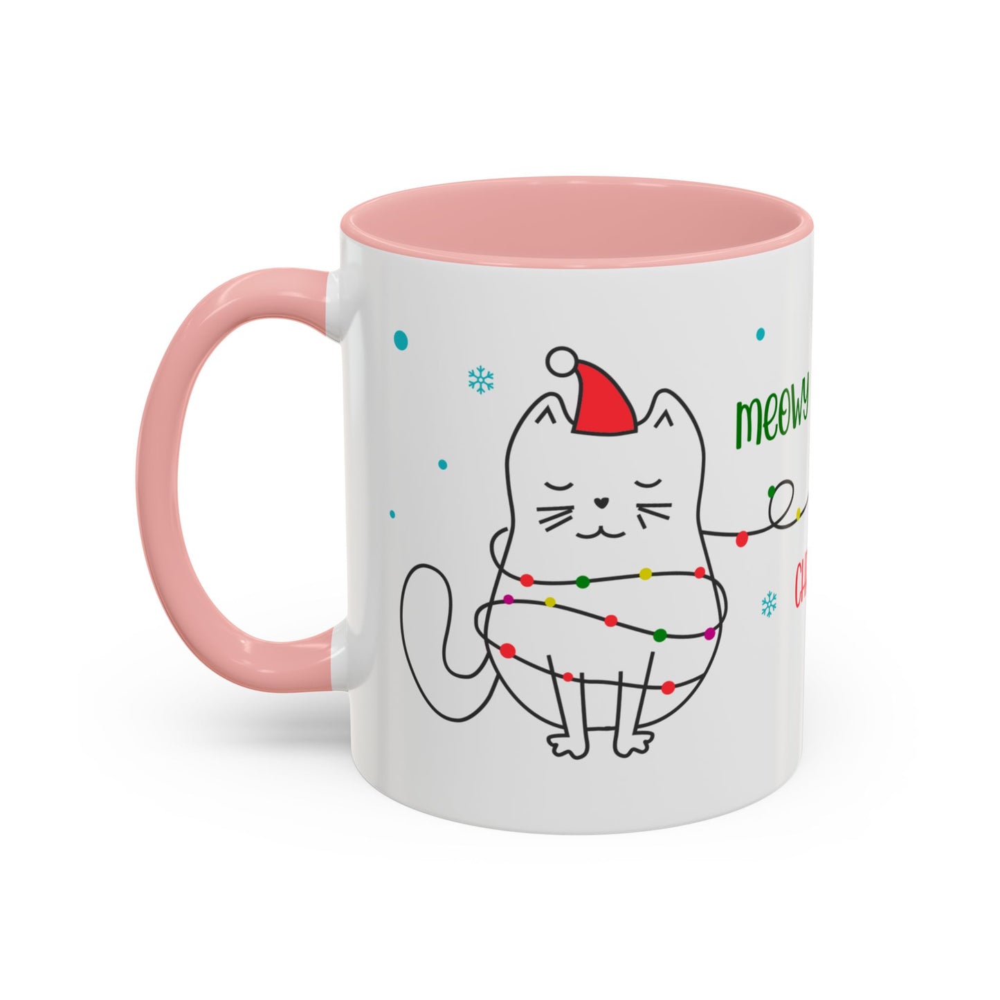 Meowy Christmas Accent Coffee Mug — Cute Cat & Decorated Tree Holiday Mug (11/15oz)