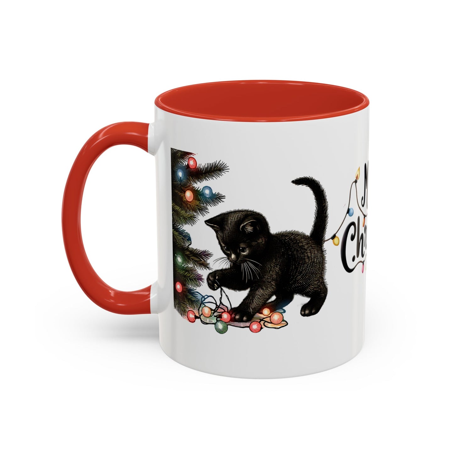 Merry Christmas Black Cat Mug – Cute Holiday Lights Cat Coffee Cup – Perfect Gift for Cat Lovers