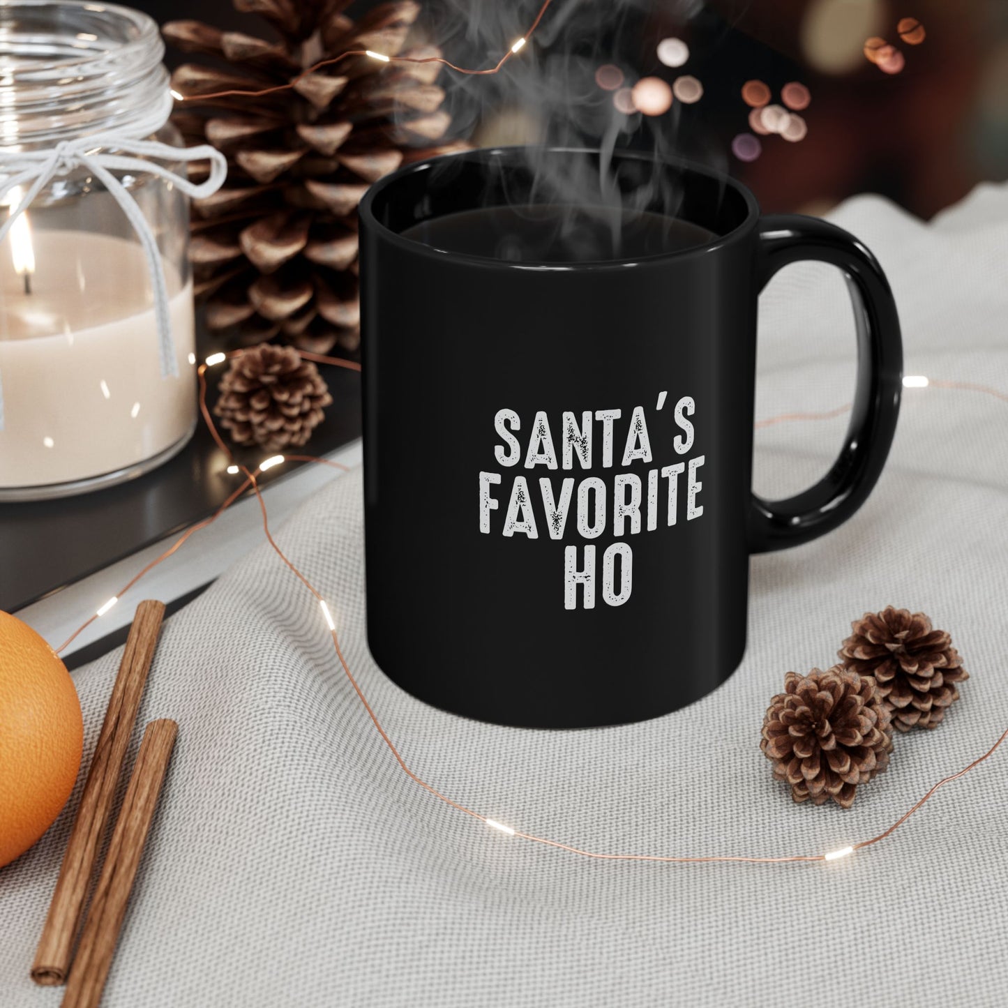 Santa’s Favorite Ho Black Mug — Funny Christmas Coffee Cup (11oz & 15oz)