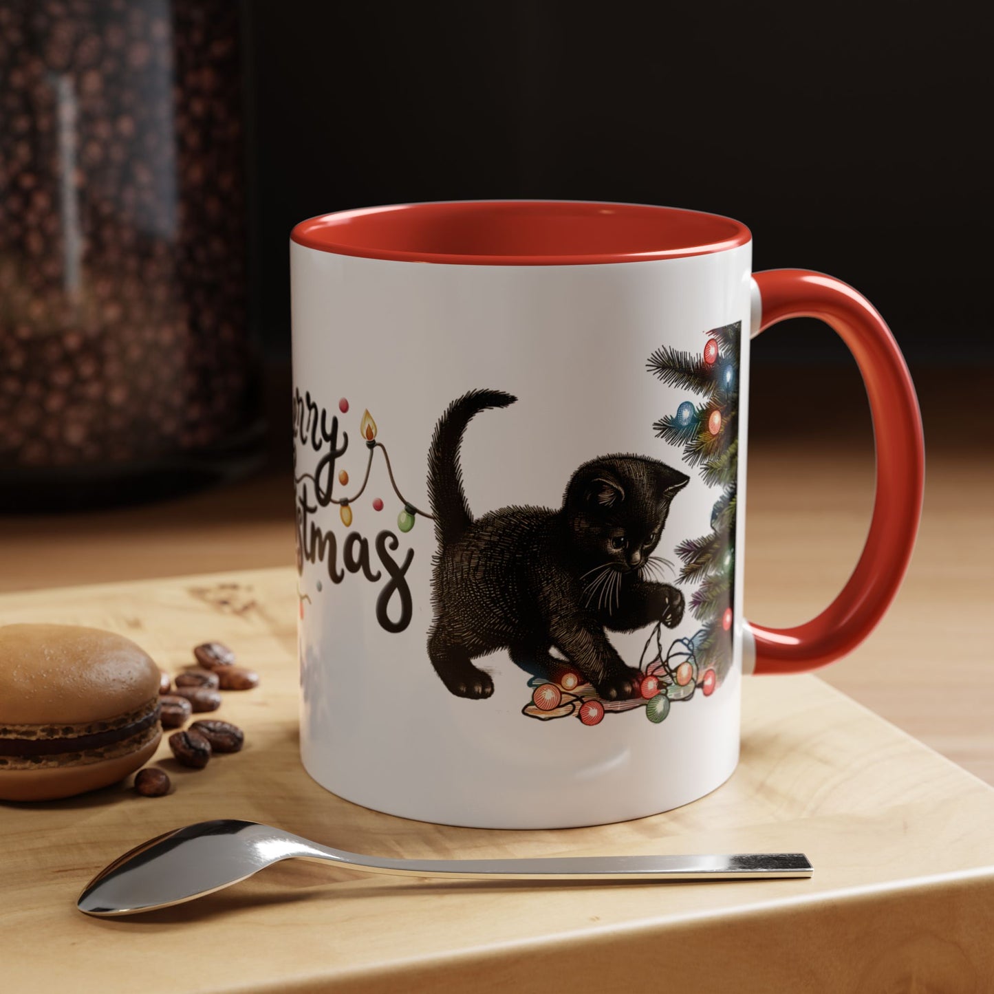 Merry Christmas Black Cat Mug – Cute Holiday Lights Cat Coffee Cup – Perfect Gift for Cat Lovers