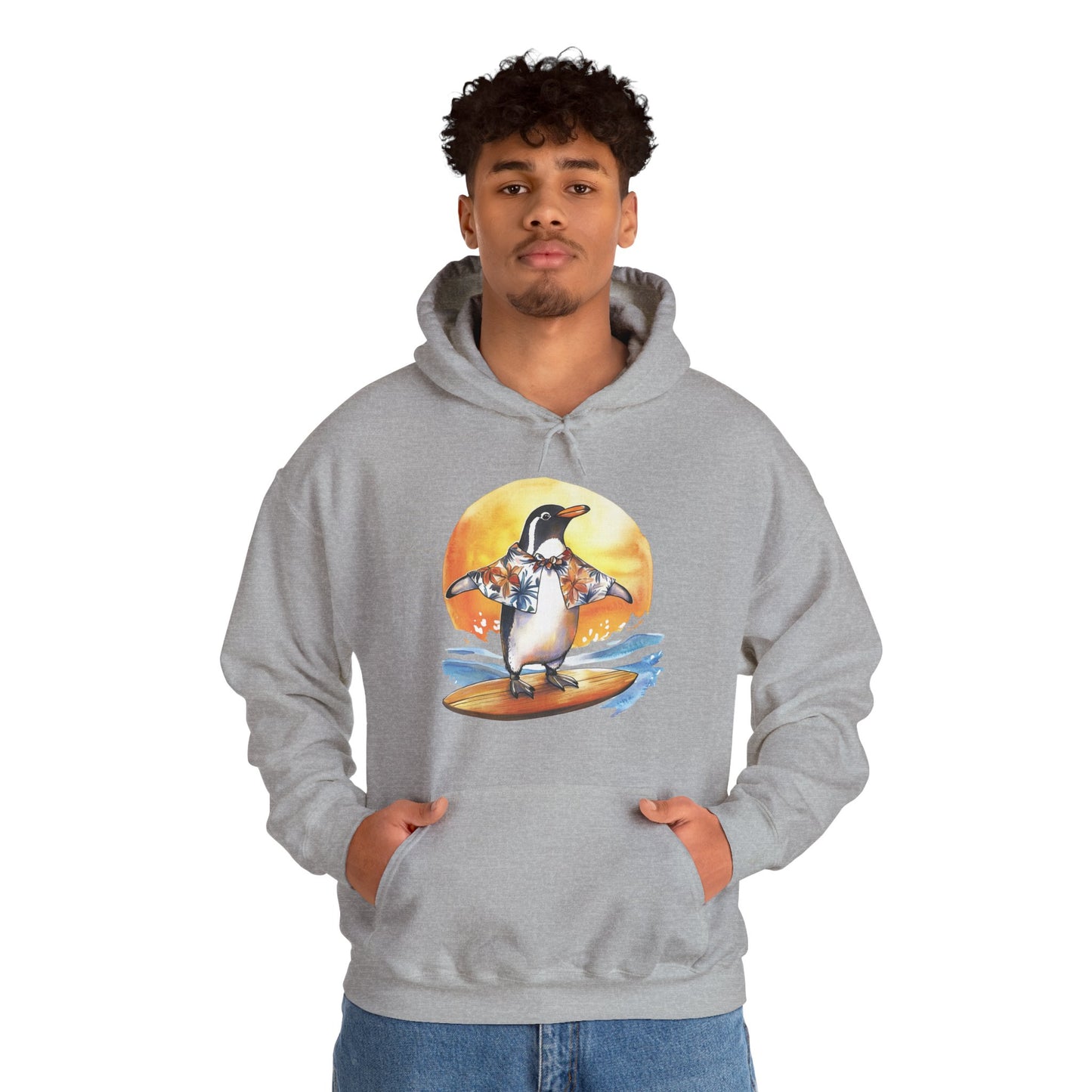 Surfing Penguin Hoodie — Cute Surfboard Penguin Sunset Pullover