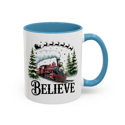 Believe Christmas Train Mug with Santa Sleigh – Holiday Coffee Cup