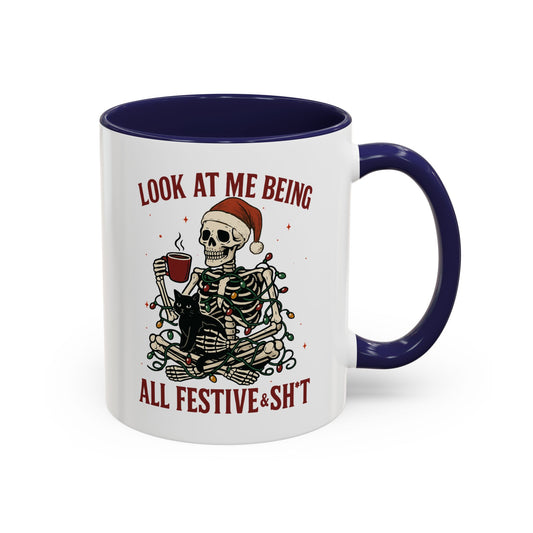 Funny Festive Skeleton Christmas Mug – Holiday Coffee Cup with Cat – Look at Me Being All Festive
