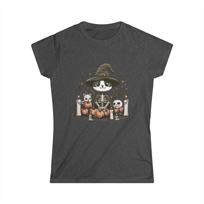 Halloween Witch Cat T-Shirt – Cute Skeleton Cat with Pumpkins & Candles