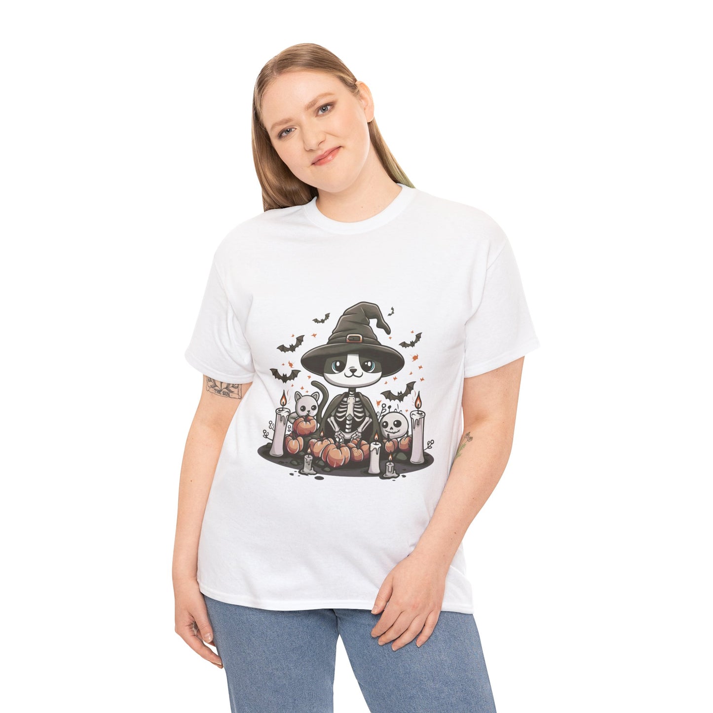 Halloween Witch Cat T-Shirt – Cute Skeleton Cat with Pumpkins & Candles