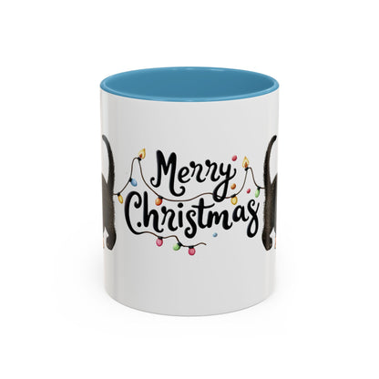Merry Christmas Black Cat Mug – Cute Holiday Lights Cat Coffee Cup – Perfect Gift for Cat Lovers