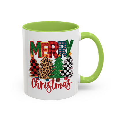 Merry Christmas Accent Coffee Mug — Festive Plaid, Leopard & Pine Tree Holiday Design