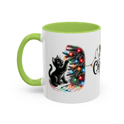 Merry Christmas Cat Mug – Cute Black Cat with Christmas Lights – Holiday Coffee Cup Gift for Cat Lovers