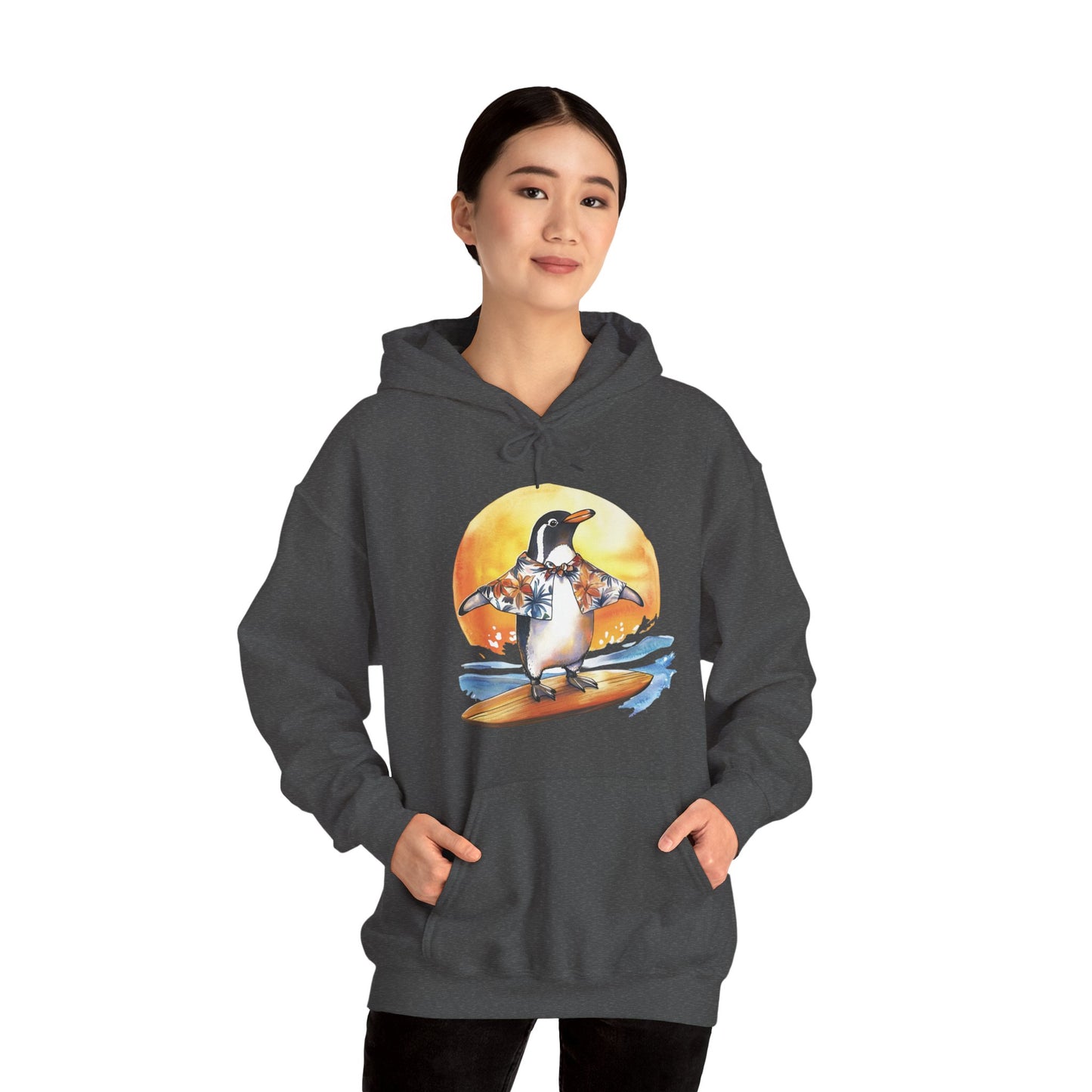 Surfing Penguin Hoodie — Cute Surfboard Penguin Sunset Pullover