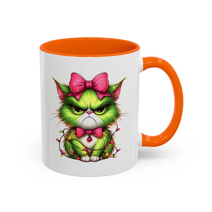 Christmas Grumpy Cat Accent Coffee Mug — Cute Green Kitty with Bow & Holiday Lights (11/15 oz)