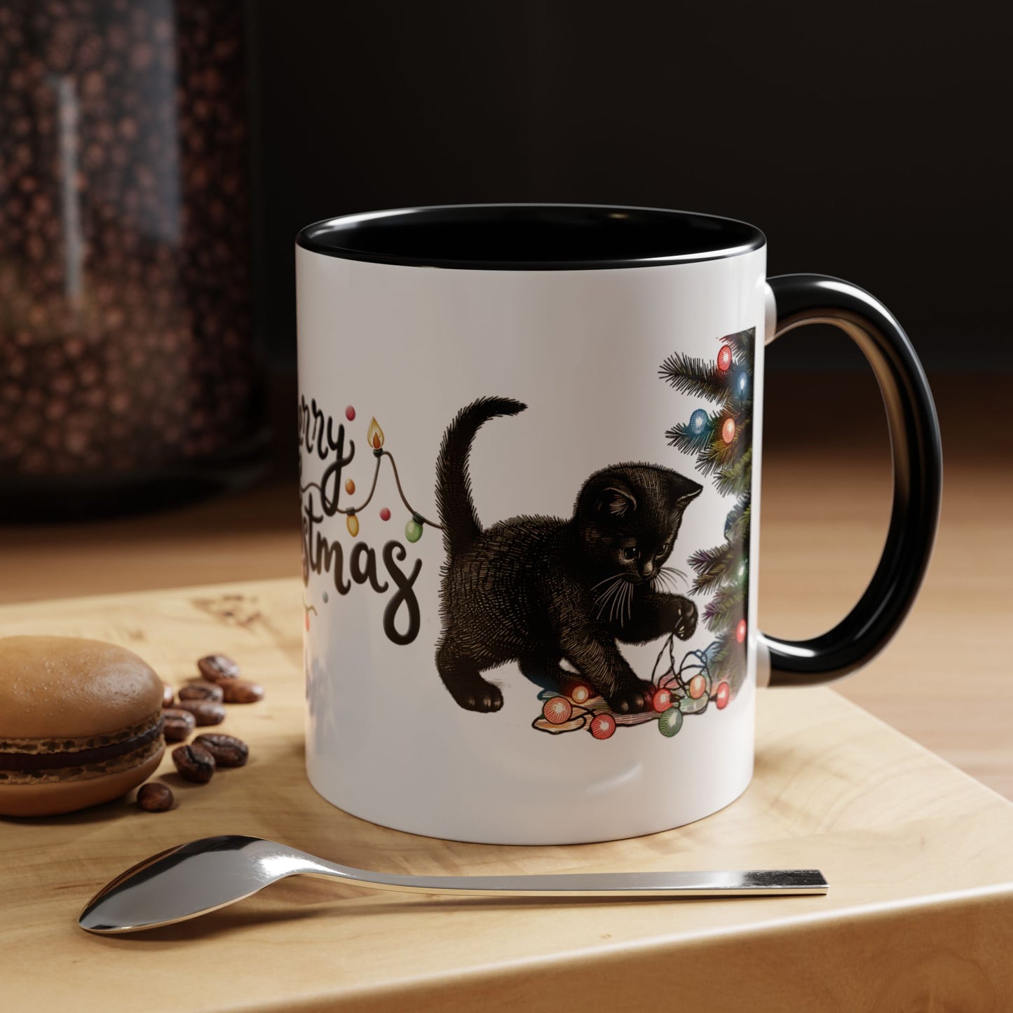 Merry Christmas Black Cat Mug – Cute Holiday Lights Cat Coffee Cup – Perfect Gift for Cat Lovers