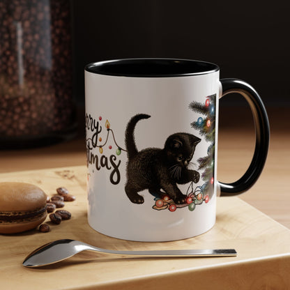 Merry Christmas Black Cat Mug – Cute Holiday Lights Cat Coffee Cup – Perfect Gift for Cat Lovers