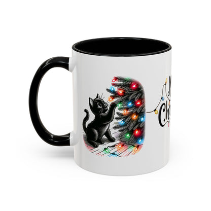 Merry Christmas Cat Mug – Cute Black Cat with Christmas Lights – Holiday Coffee Cup Gift for Cat Lovers