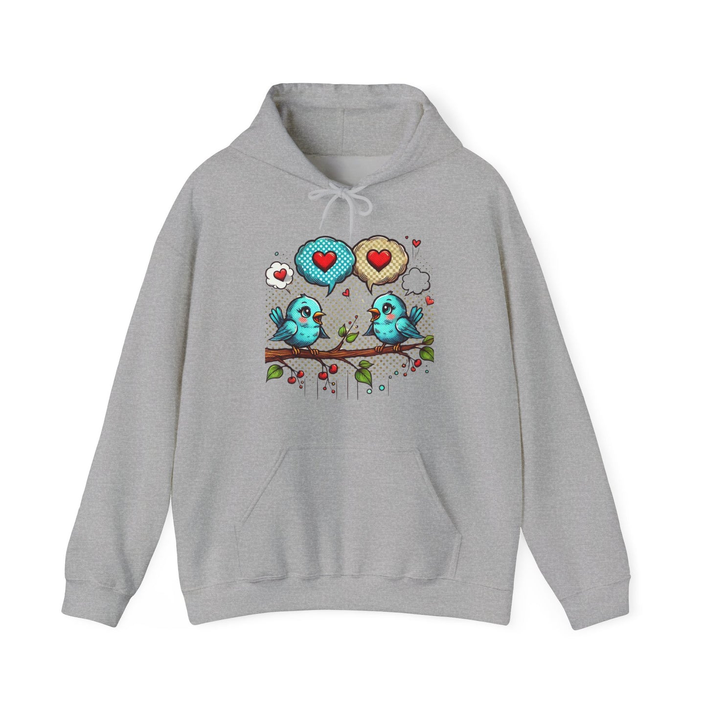 Birds on a Branch Hoodie — Cute Blue Lovebirds with Heart Speech Bubbles