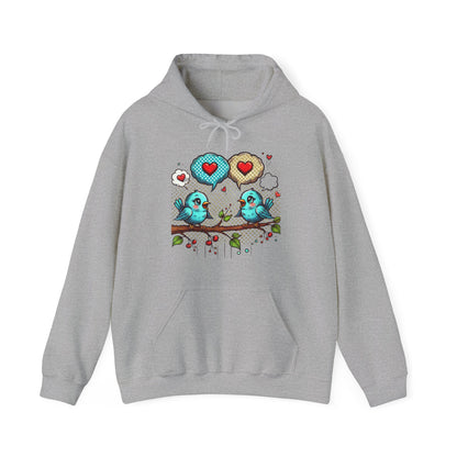 Birds on a Branch Hoodie — Cute Blue Lovebirds with Heart Speech Bubbles