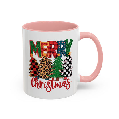Merry Christmas Accent Coffee Mug — Festive Plaid, Leopard & Pine Tree Holiday Design