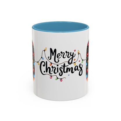 Merry Christmas Cat Mug – Cute Black Cat with Christmas Lights – Holiday Coffee Cup Gift for Cat Lovers
