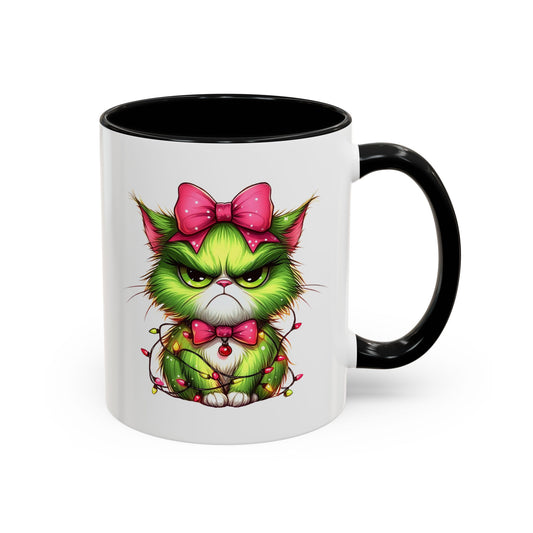 Christmas Grumpy Cat Accent Coffee Mug — Cute Green Kitty with Bow & Holiday Lights (11/15 oz)