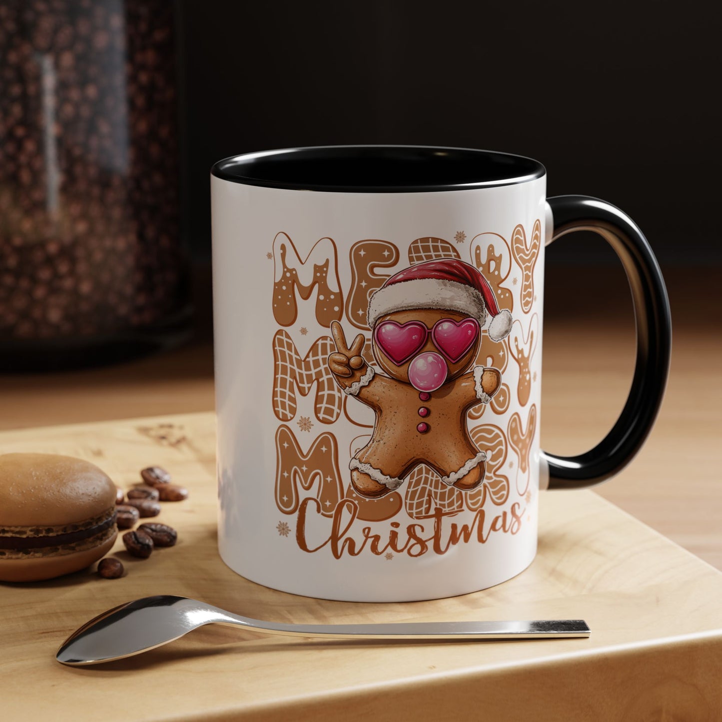 Cute Gingerbread Christmas Mug – Funny Holiday Cookie Cup with Heart Eyes & Bubble Gum