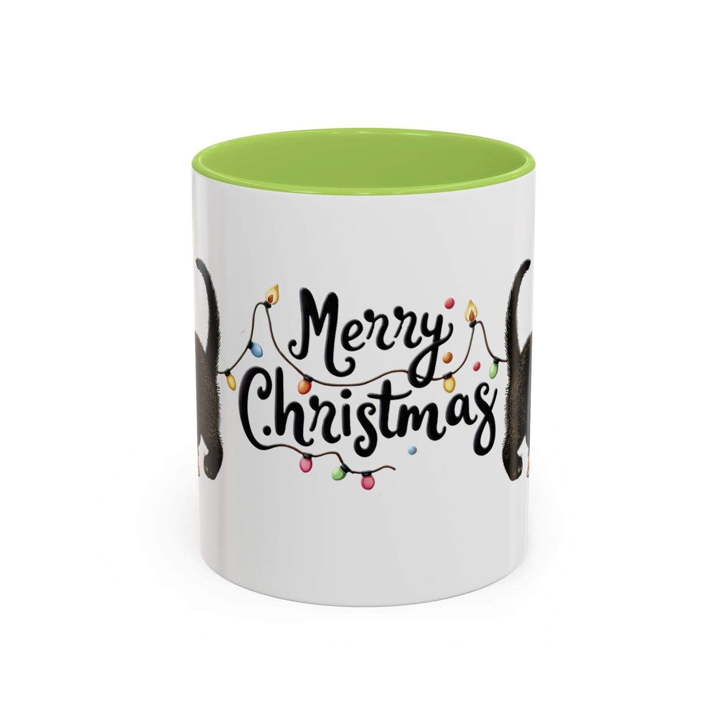 Merry Christmas Black Cat Mug – Cute Holiday Lights Cat Coffee Cup – Perfect Gift for Cat Lovers