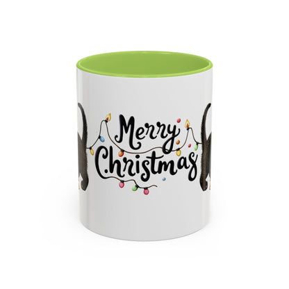 Merry Christmas Black Cat Mug – Cute Holiday Lights Cat Coffee Cup – Perfect Gift for Cat Lovers