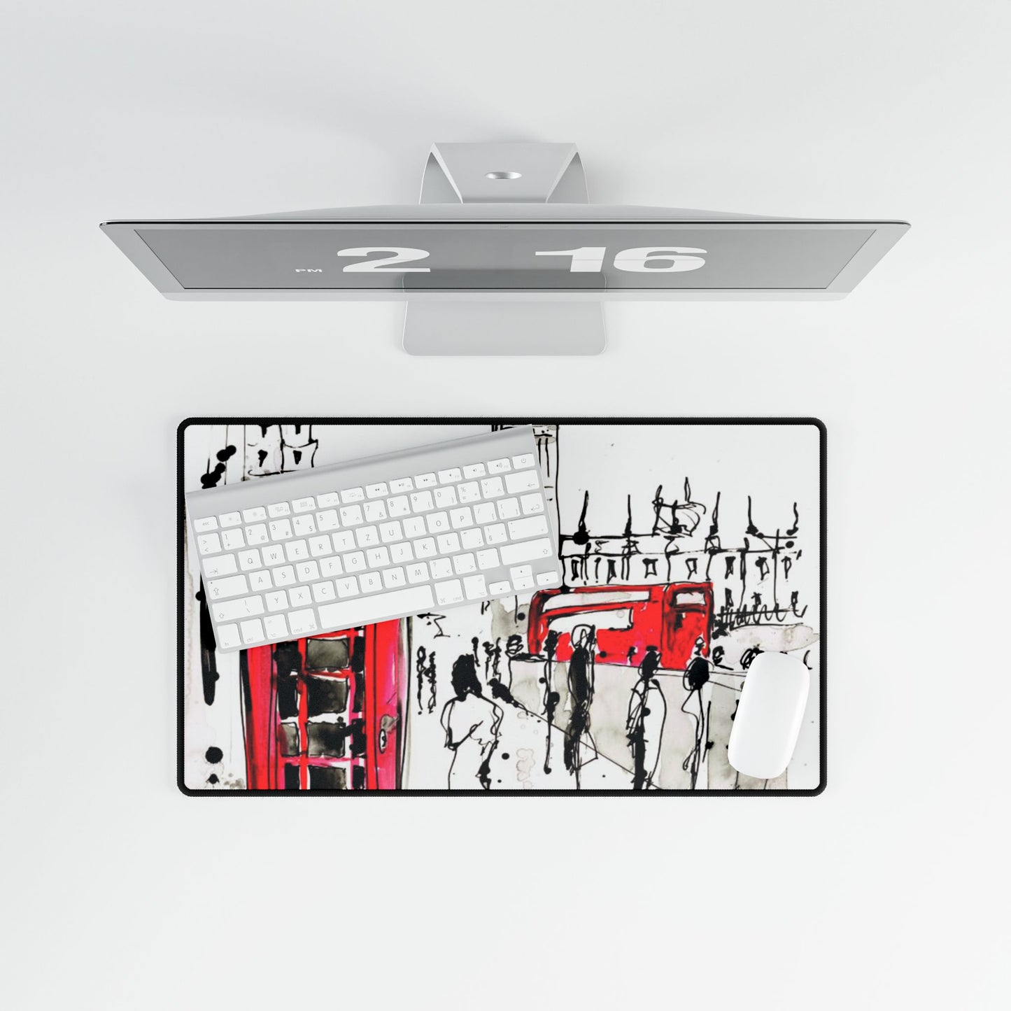 London Scene Desk Mat — Red Telephone Box & Bus Illustration Office Mouse Pad