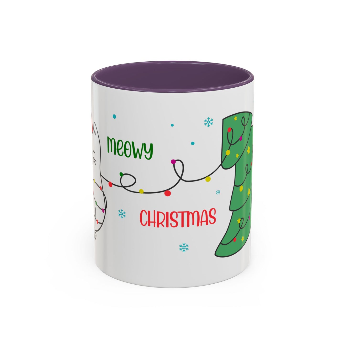 Meowy Christmas Accent Coffee Mug — Cute Cat & Decorated Tree Holiday Mug (11/15oz)