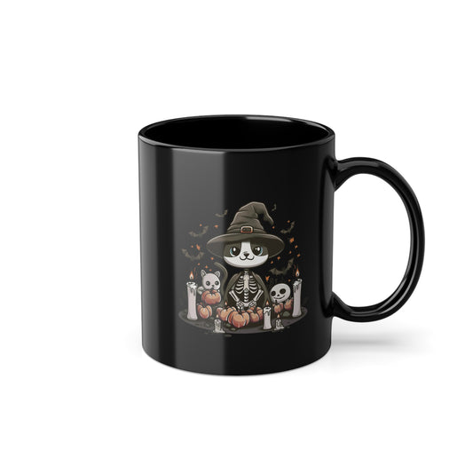 Halloween Witch Cat Mug – Cute Skeleton Cat with Pumpkins & Candles