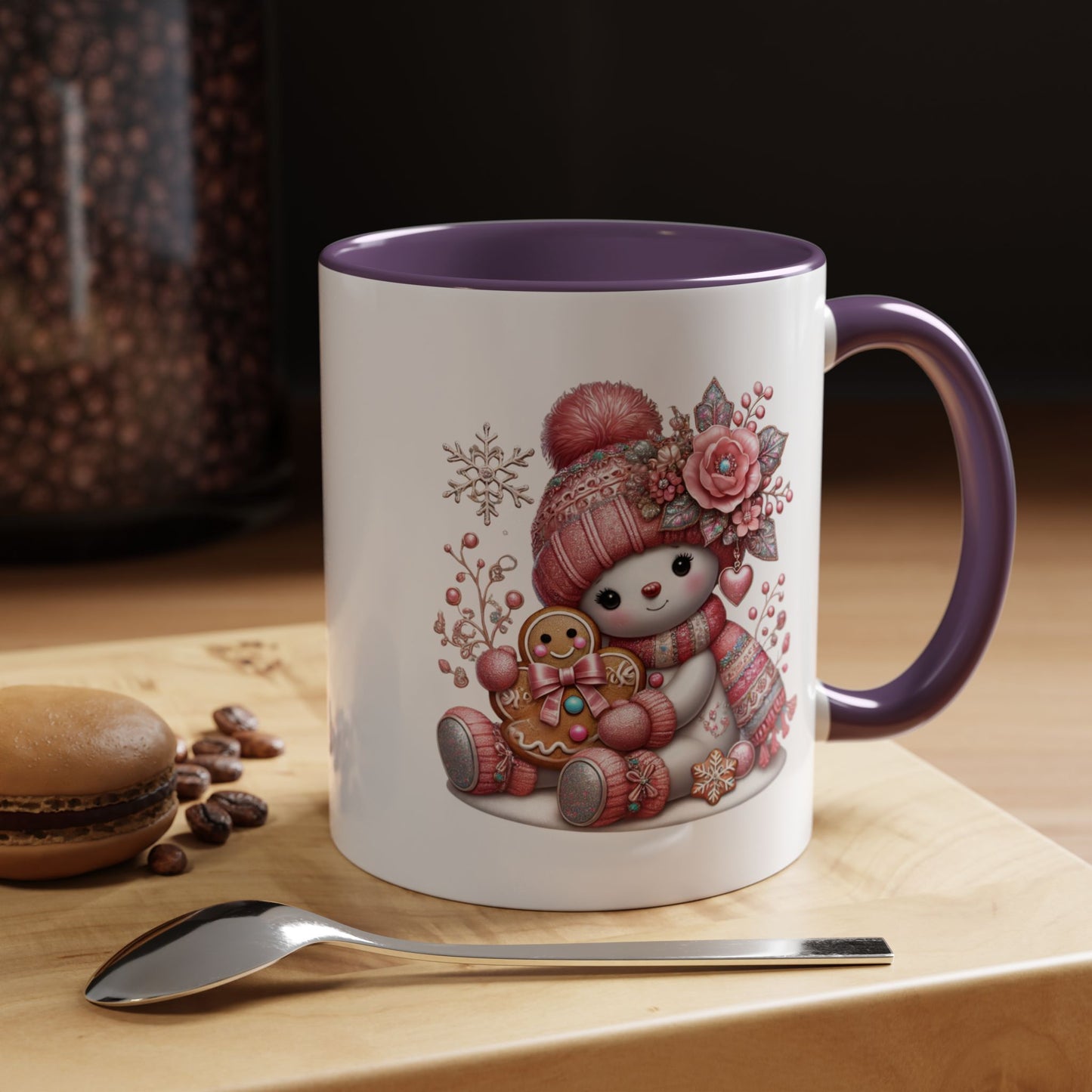 Cute Pink Snowman Coffee Mug — Holiday Winter Gingerbread Design (11/15oz)