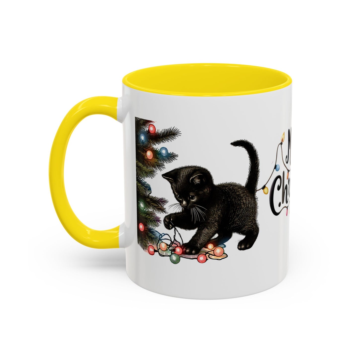 Merry Christmas Black Cat Mug – Cute Holiday Lights Cat Coffee Cup – Perfect Gift for Cat Lovers