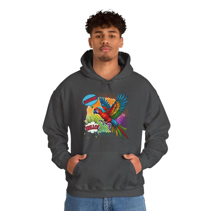 Parrot Pop Art Hoodie — Colorful Macaw 'Hello' Graphic Pullover