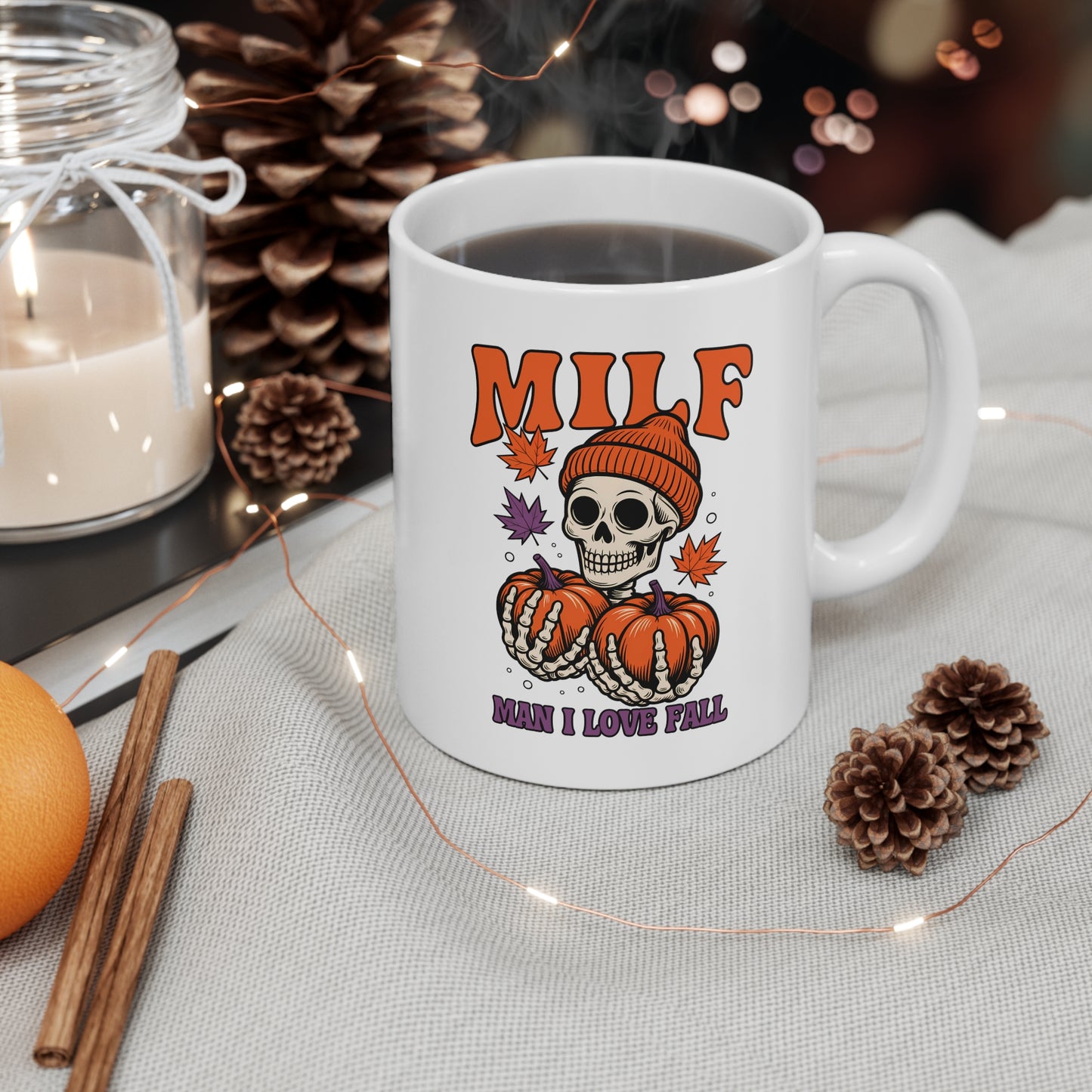 MILF Man I Love Fall Mug Funny Skeleton Pumpkin Autumn Coffee Cup