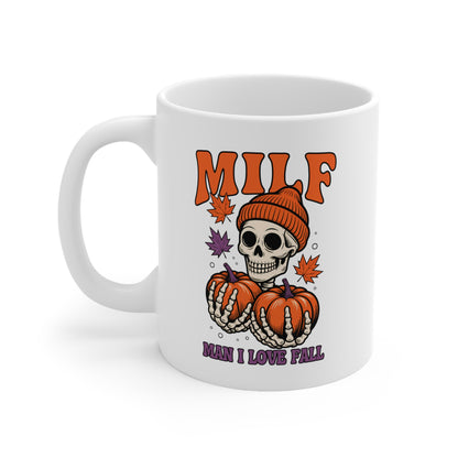 MILF Man I Love Fall Mug Funny Skeleton Pumpkin Autumn Coffee Cup
